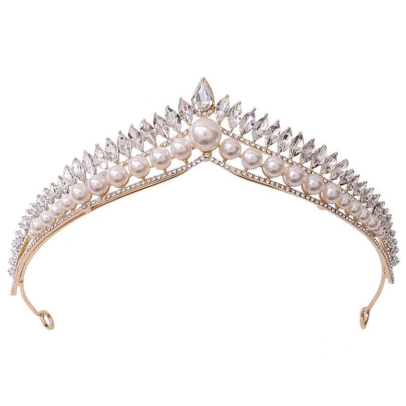 Tiara Elegante Com Coroa De Pérolas, Chapéu De Casamento Dourado, Cristal