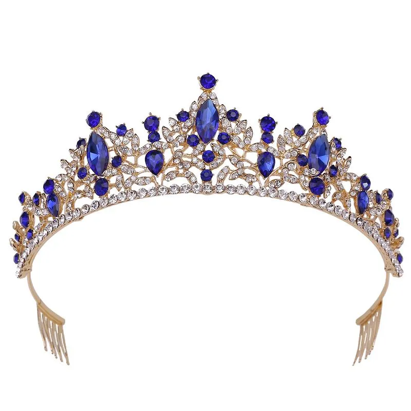 Elegante Coroa De Noiva Dourada E Azul Com Cristais E Pérolas