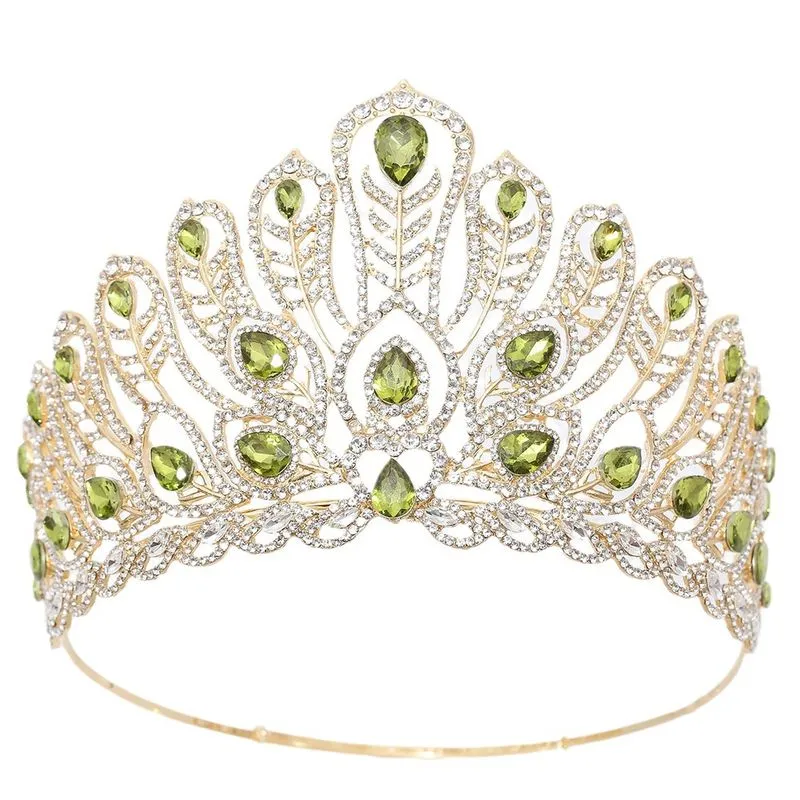 Tiara Dourada Com Strass Verdes E Transparentes Para Noivas E Que