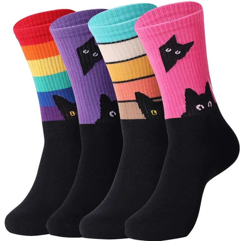 Meias Redondas Coloridas De Algodão Penteado Com Padrões De Gato