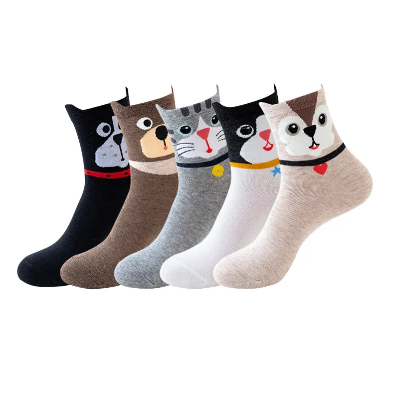 Meias Femininas, Desenhos Animados, Animais, Algodão, Meia Panturrilha, Pacote Com 5