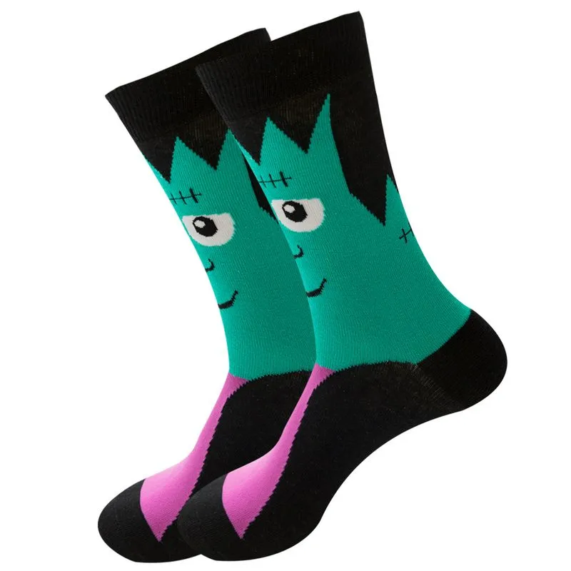 Meias Redondas De Algodão Verdes Para Adultos Monster Design, 5 Pares