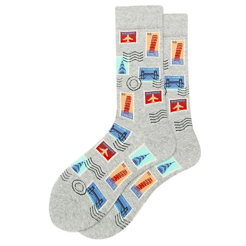 Conjunto De 5 Pares De Meias Cotton Crew Travel Stamp Pattern, Cinza
