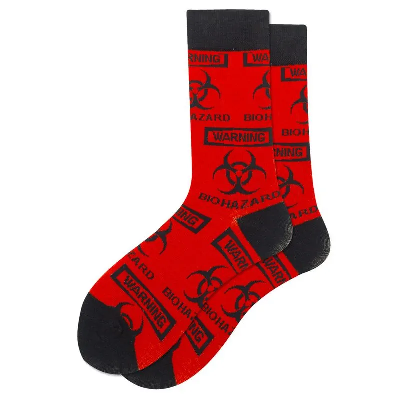 Meias Crew Stocks Biohazard Warning Para Adultos, Algodão Vermelho, 5 Pares
