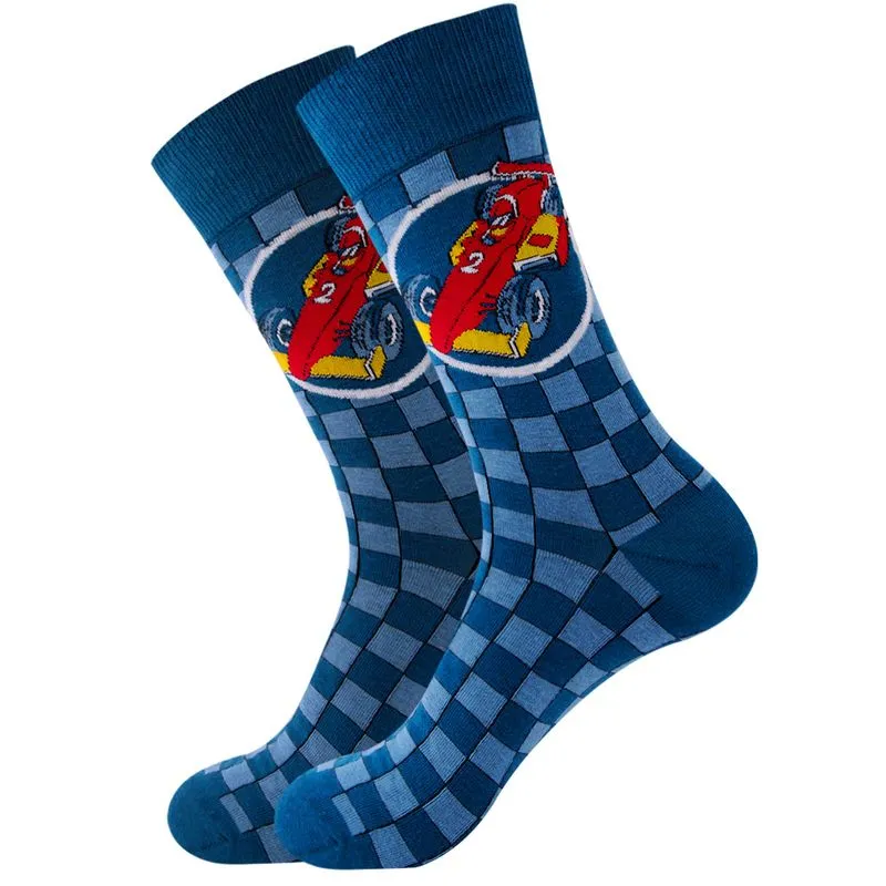 Meias Cotton Crew Racing Car &amp; Checkerboard Pattern, 5 Pares