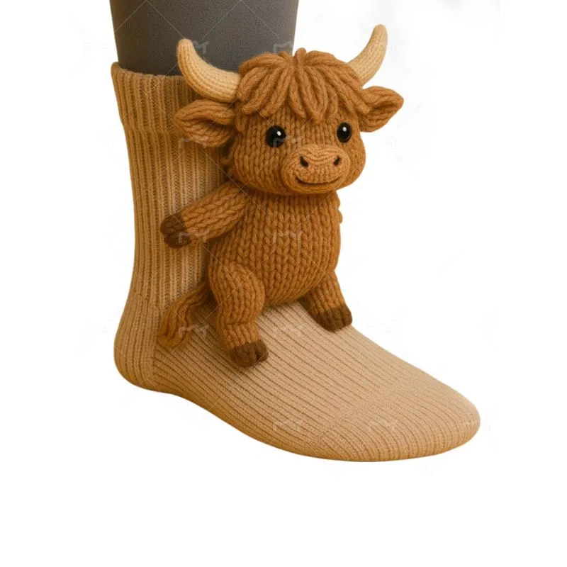 Meias Redondas Tricotadas De Algodão Com Design 3D Highland Cow