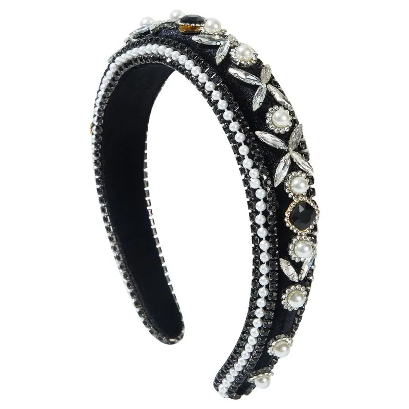 Faixa De Cabeça Preta, Barroca, Pérola E Strass, Acolchoada, Larga, Preta