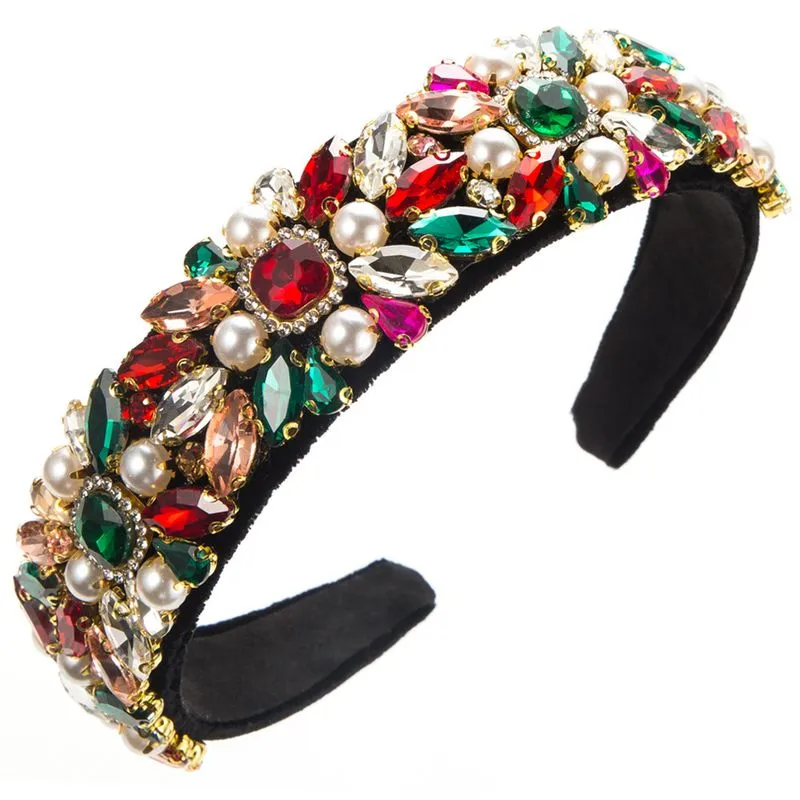 Bandana De Veludo Barroco Multicolorida, Strass E Pérola