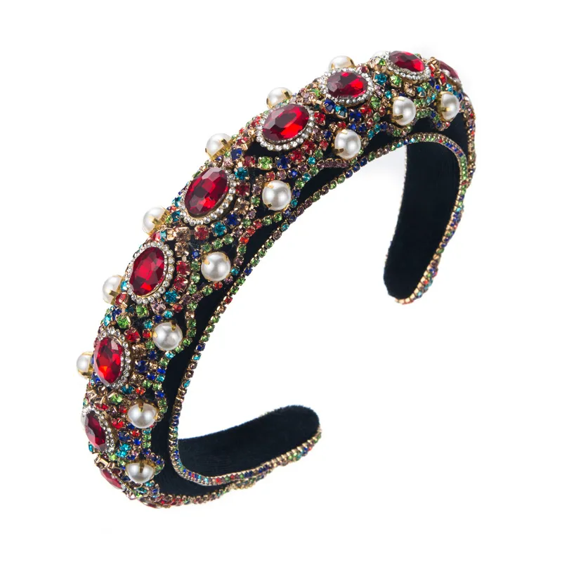 Faixa De Cabeça, Strass Vermelho E Pérola, Veludo Vintage, Acolchoada