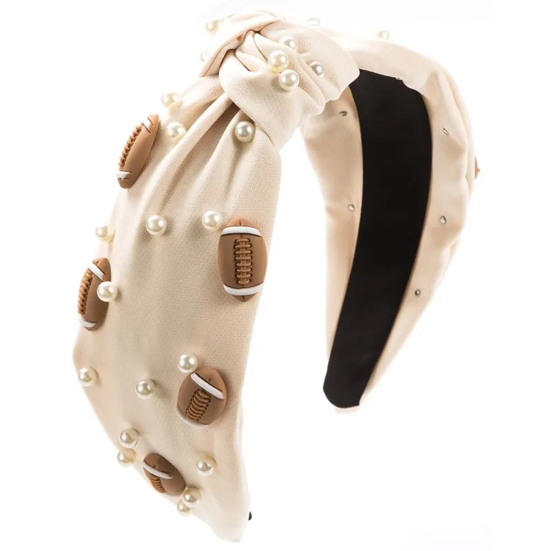 Bandana Beige Knotted Pearl Football Wide Para Mulheres