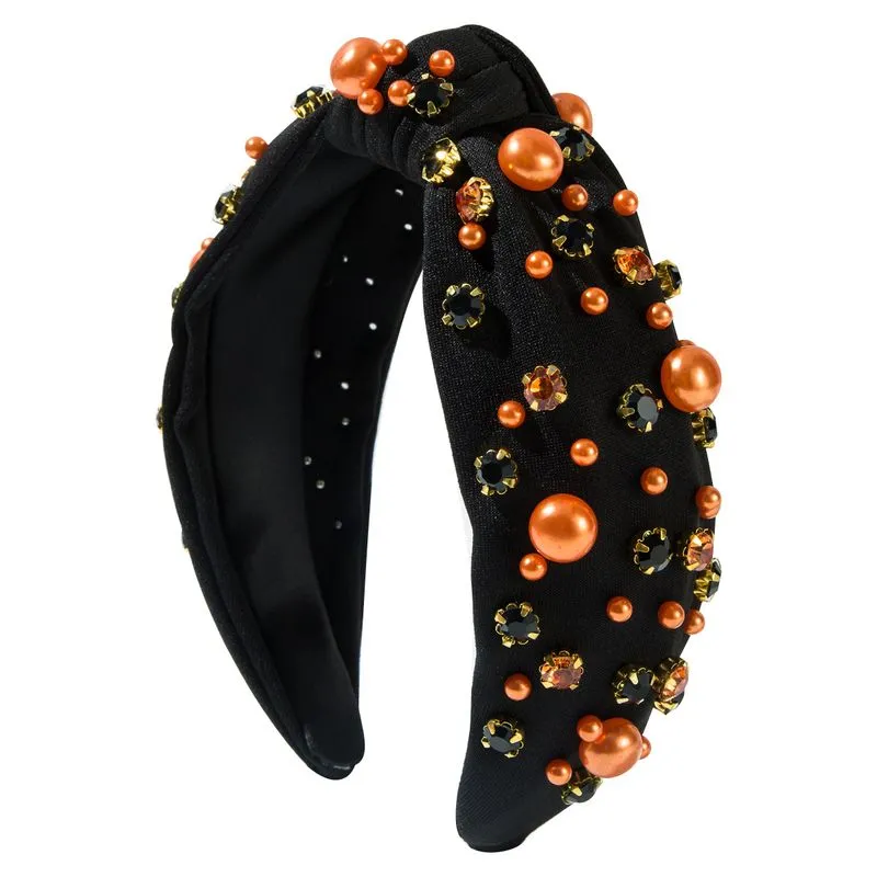 Faixa De Cabeça Moderna, Pérola Atada E Strass, Preta-laranja