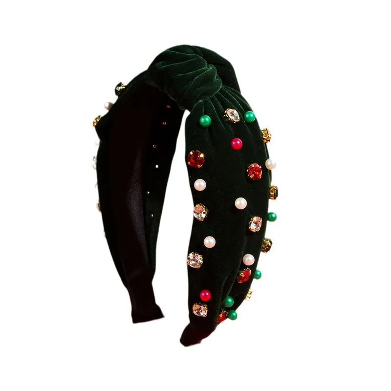 Faixa De Veludo Verde Atada Com Pérolas E Strass