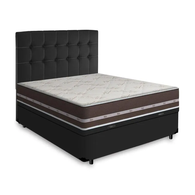 Conjunto Cama Box com Baú e Cabeceira Casal Anjos Classic Superlastic Madeira Corino Preto