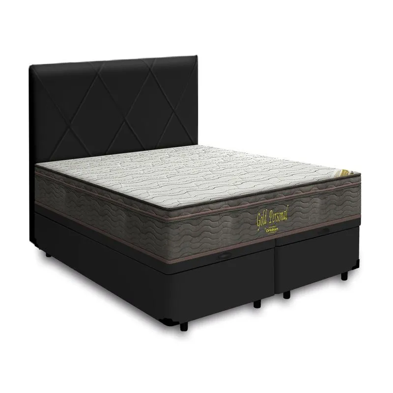 Cama Box Baú + Cabeceira Provença Preta E Colchão Queen - Ortobom - Gold Personal 158x198x65cm