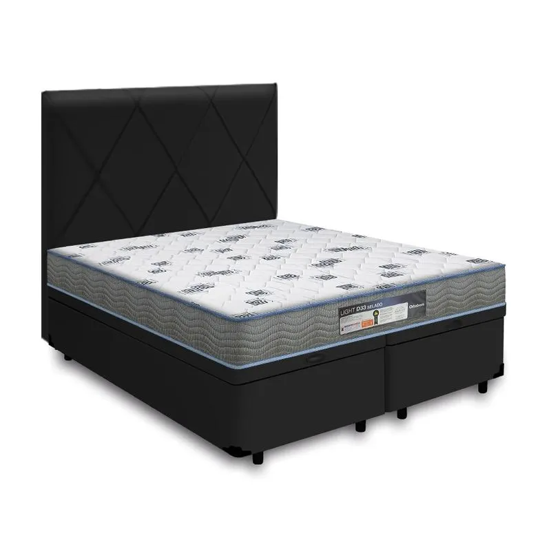 Cama Box Baú + Cabeceira Provença Preta E Colchão Queen - Ortobom - Light D33 158x198x54cm