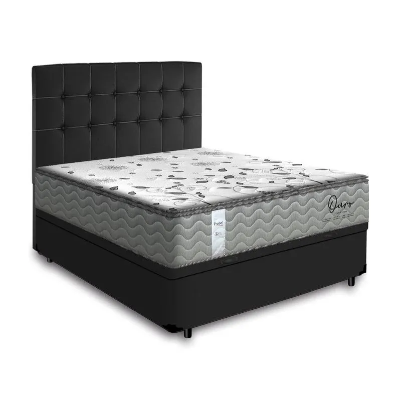 Cama Box Baú + Cabeceira Cassis Preta e Colchão de Molas Casal - Probel - Guarda-Costas Ouro 138cm
