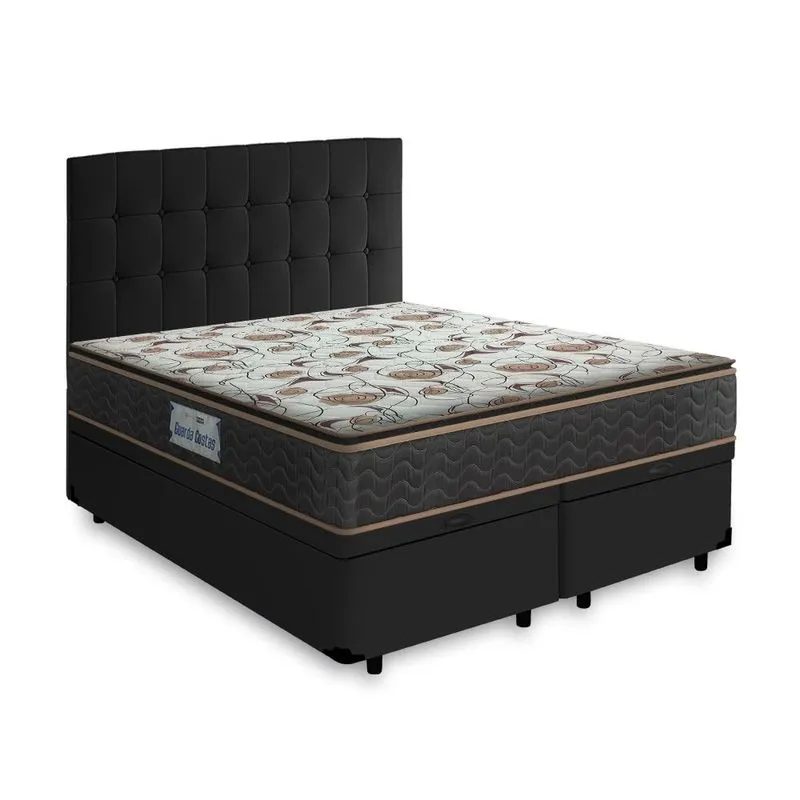 Cama Box Baú + Cabeceira Cassis Preta e Colchão D45 Queen Probel GuardaCostas Proforce Plus 158cm