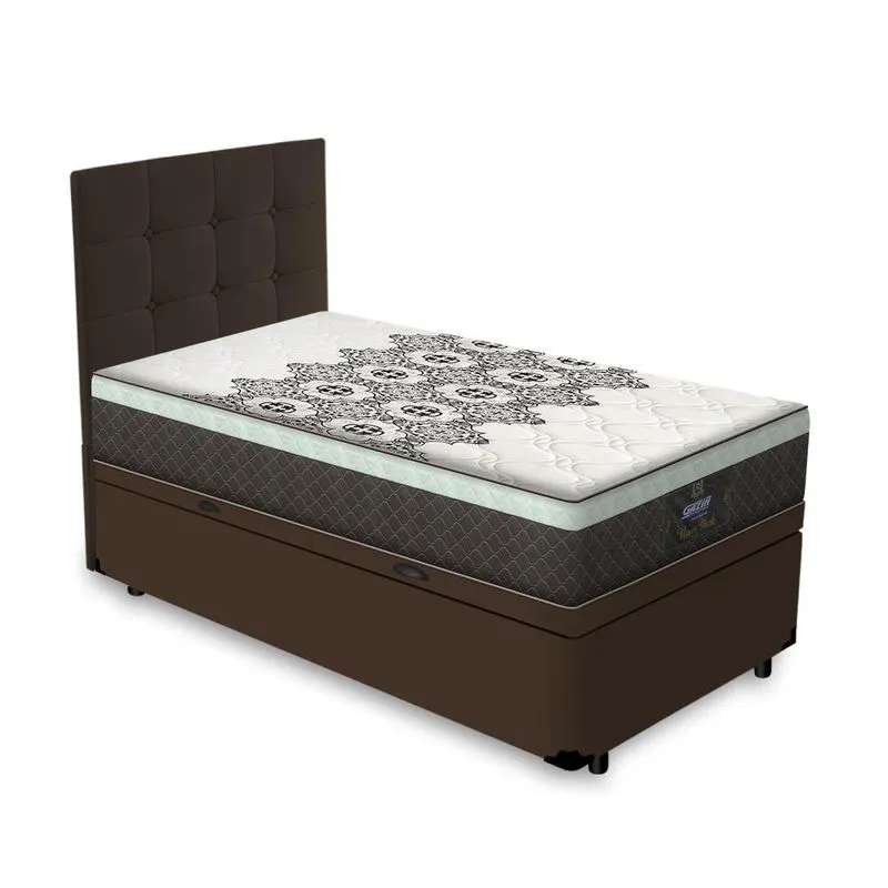 Cama Box Baú + Cabeceira Cassis Marrom e Colchão de Molas Ensacadas Solteiro - Gazin - New York 88cm
