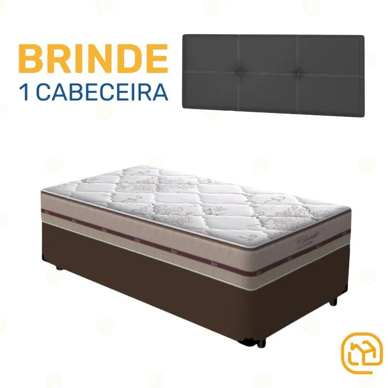 Box Solteiro Marrom + Cabeceira Painel Iris Preta + Colchão Classic Molas Ensacadas 88cm