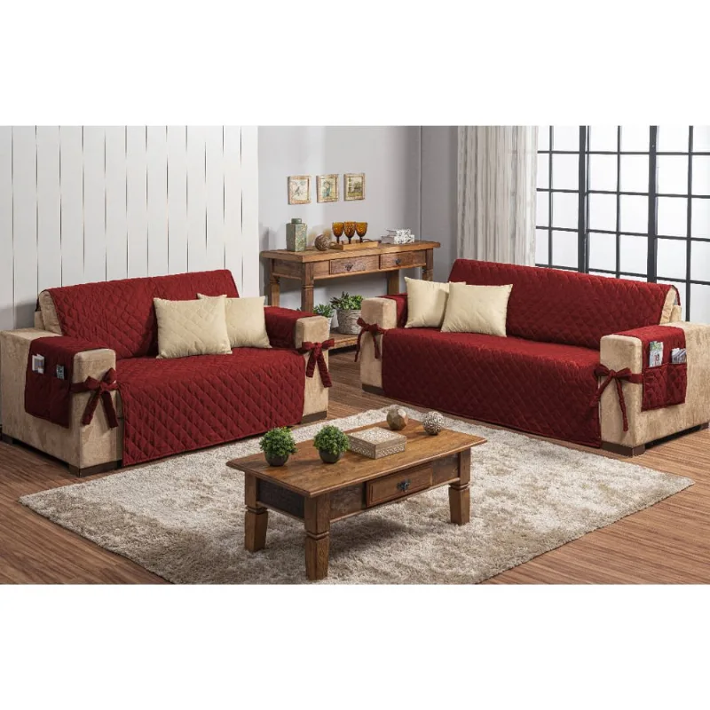 Kit jogo de sofá 2 e 3 lugares matelado com 4 capas de almofada lançamento vermelho com caqui