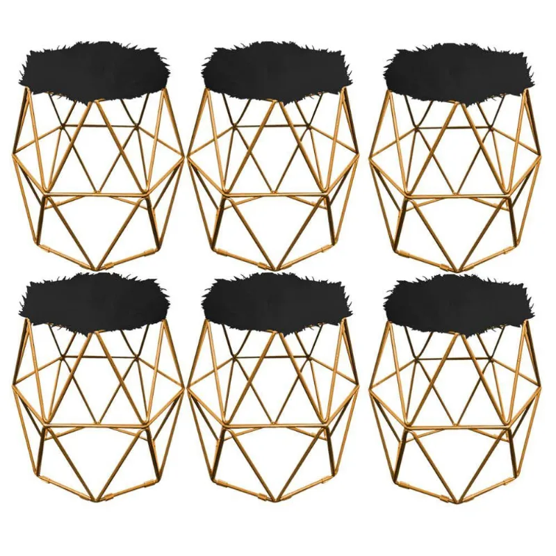 Kit 06 Puff Banqueta Luna Aramado Hexágono Dourado Pelúcia Preto