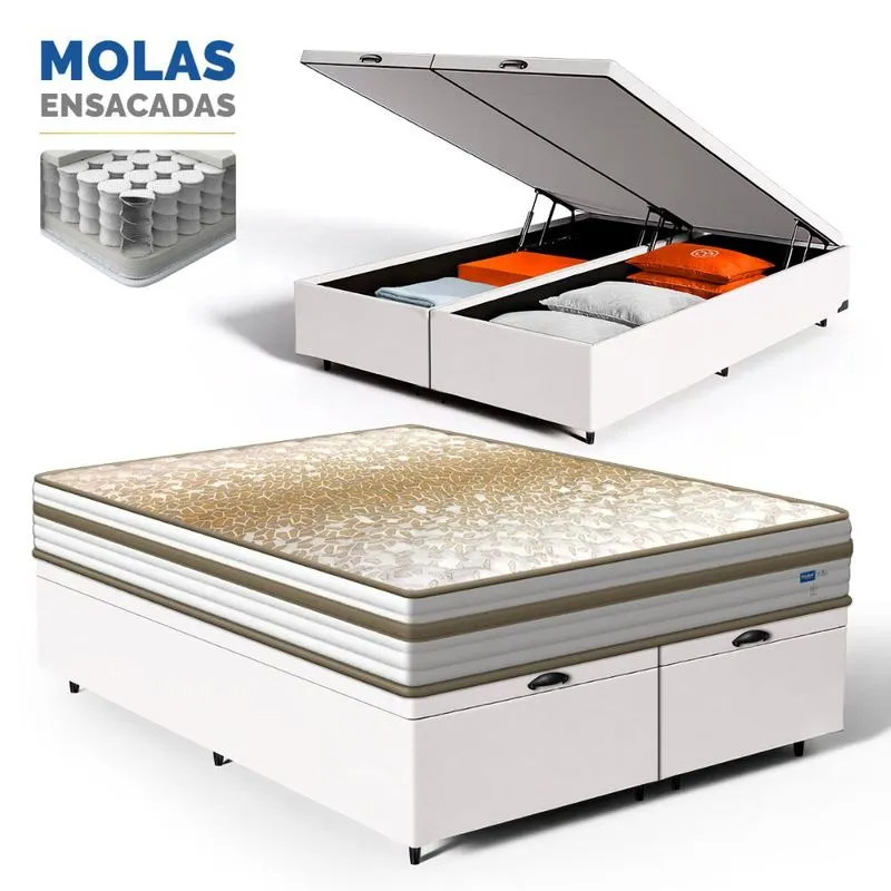 Cama Box Baú com Colchão de Molas Ensacadas Double Face Pillow Euro Alfa Probel Queen 158cm