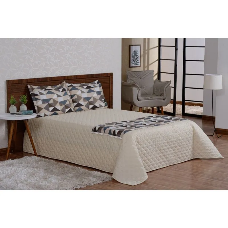 Colcha com xale E lençol 5 peças valencia cáqui luxo casal
