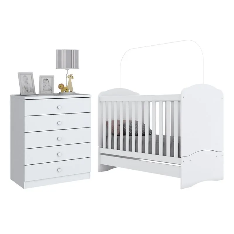 Berço Mini Cama I02 E Cômoda I710 Bala De Menta Branco Henn