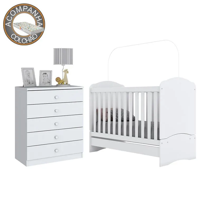 Berço Mini Cama I02 E Cômoda I710 Bala De Menta Branco Henn Com Colchão Gazin