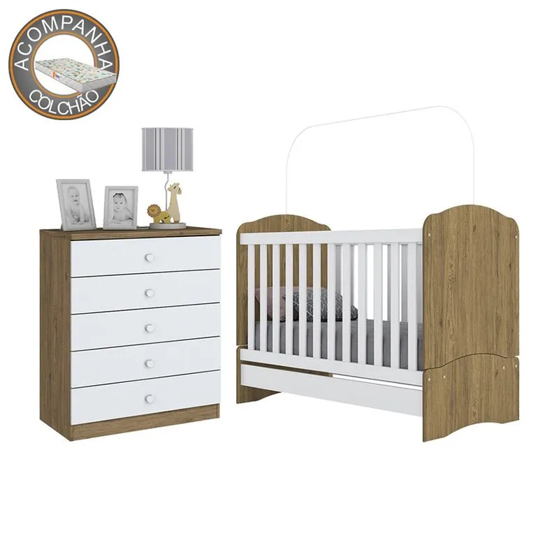Berço Mini Cama I02 E Cômoda I710 Bala De Menta Rústico Branco Henn Com Colchão Gazin