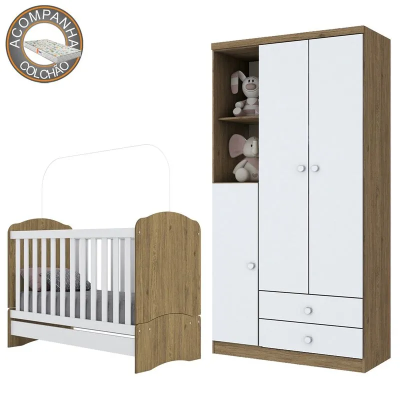 Berço Mini Cama I02 E Guarda Roupa I110 Bala De Menta Rústico Branco Henn Com Colchão Gazin