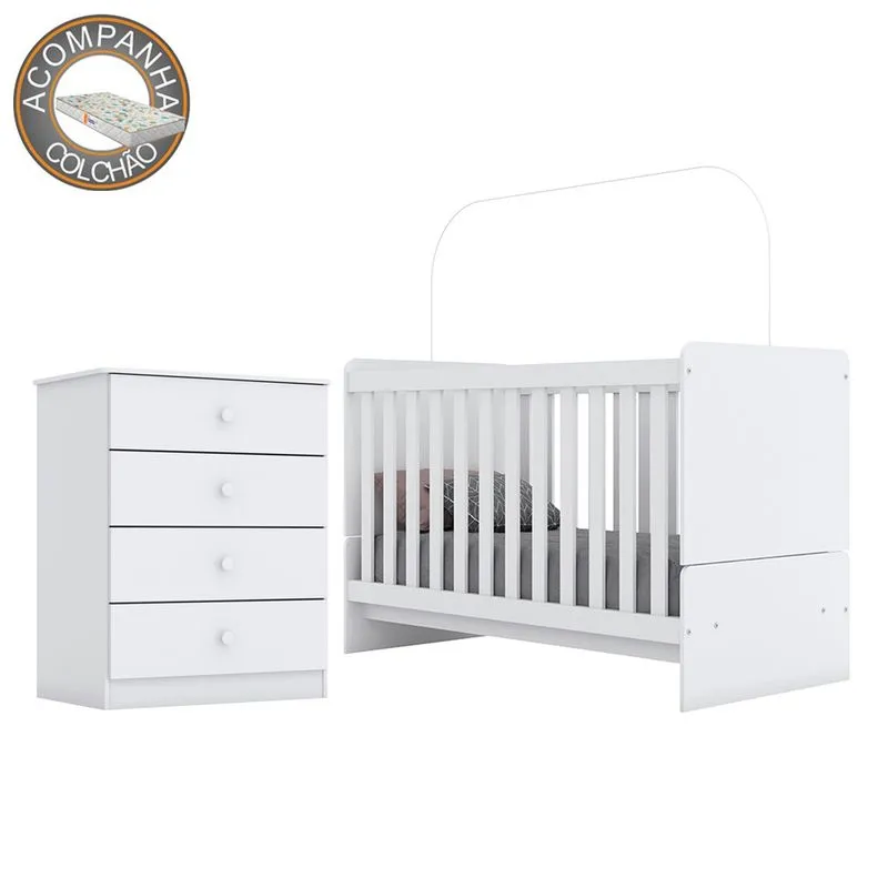 Berço Mini Cama I19 E Cômoda I714 Labirinto Branco Henn Com Colchão Gazin