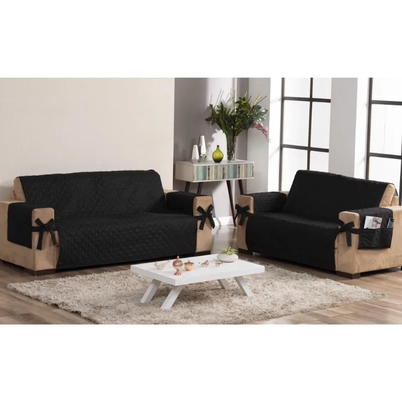 Kit capa de sofá 2 e 3 lugares com laço e porta objetos preto