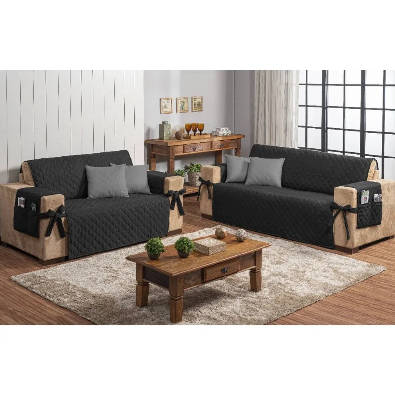 kit capa protetora de sofá 2 e 3 lugares preto com 4 capas de almofada cinza matelada