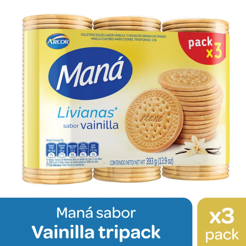 Galletitas Mana livianas vainilla 3 x 131 g.