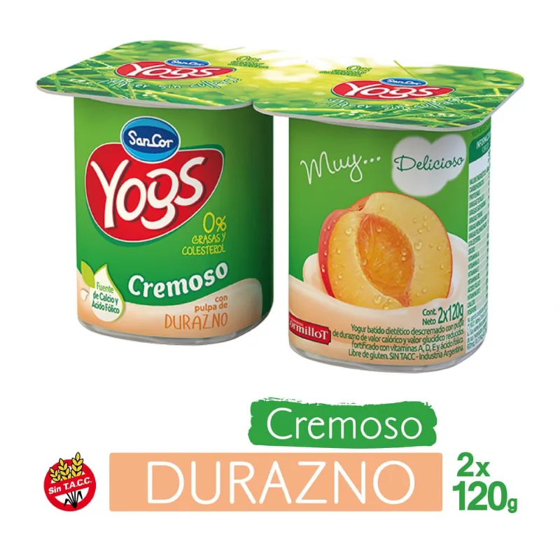 Yogurt Descremado Yogs Cremoso Durazno Pack 2 De 240 Gr