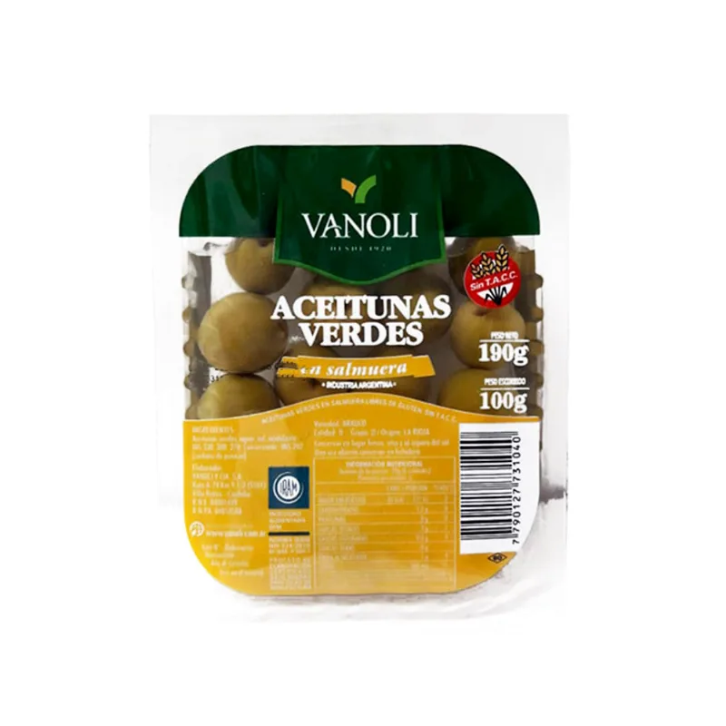 Aceitunas Verdes en Salmuera 190 Grs Vanoli