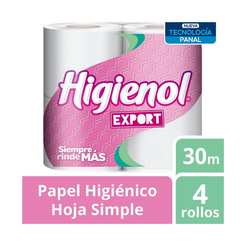 Papel higiénico Higienol hoja simple export panal 30 mts. x 4 uni