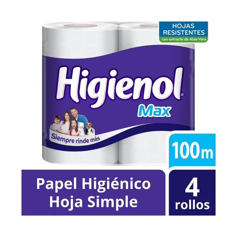 Papel higiénico Higienol Max hoja simple 100 mts 4 uni