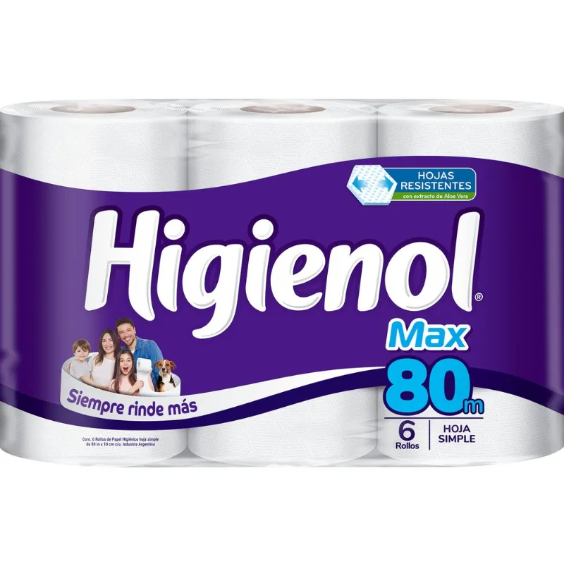 Papel higiénico hoja simple Higienol Max x6 80 mts