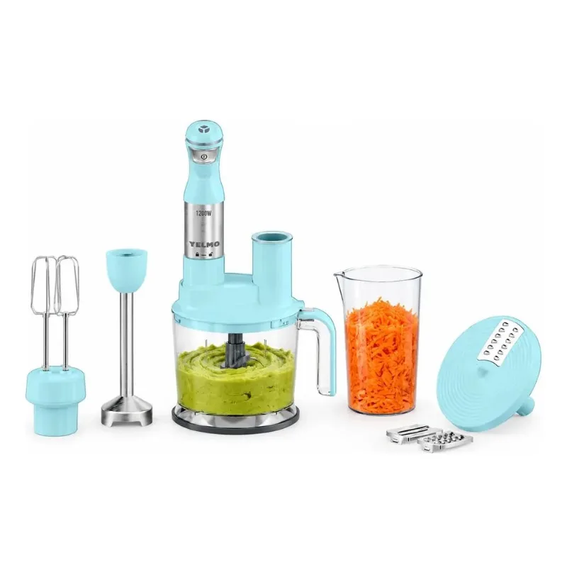 Licuadora de Mano Yelmo LM-1568 1200W kit Bol 1,5 L Rallador celeste e inoxidable
