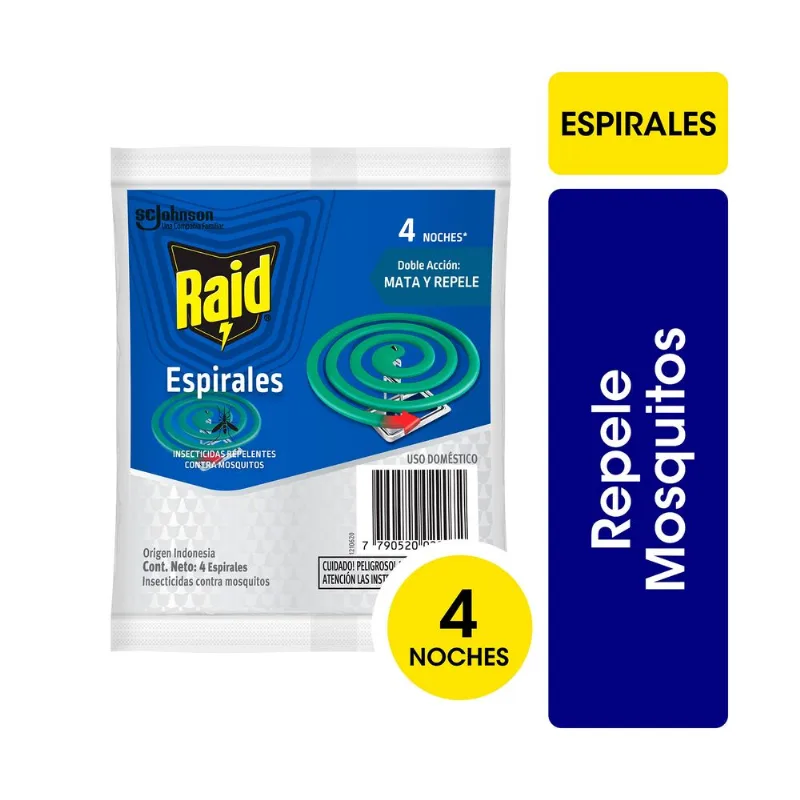 Insecticida Raid Repelente Mosquitos en Espiral Sobre 4 uni