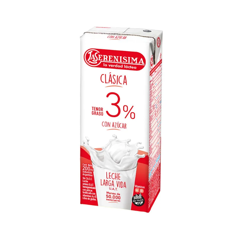 Leche La Serenisima Uat Entera Azucarada 3% 200 Ml