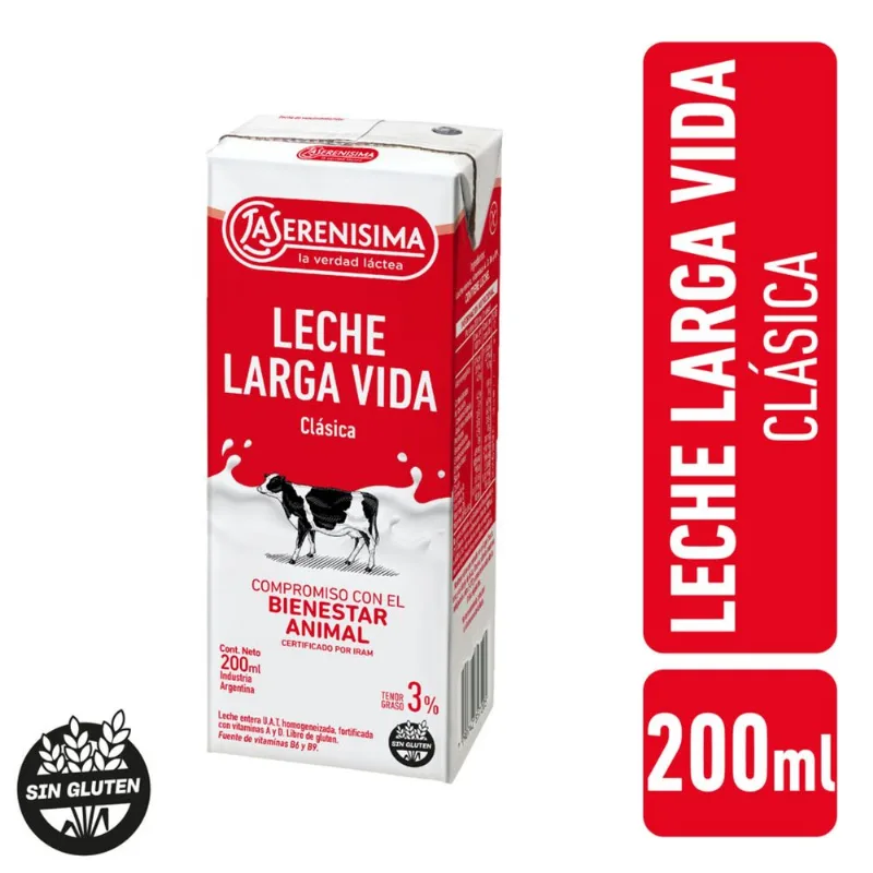 Leche entera La Serenísima uat fortificada 3% tetra 200 cc.