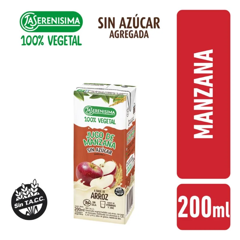 Jugo 100% vegetal La Serenísima arroz manzana 200 ml.