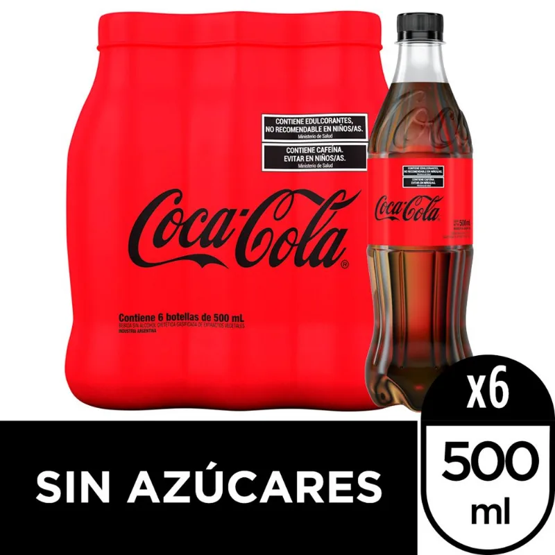 Gaseosa cola sin azúcar Coca Cola pack pet 500 cc. x 6 uni