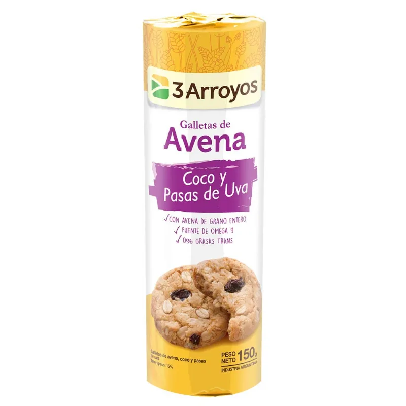 Galleta Avena 3 Arroyos Coco Y Pasas 150 Gr