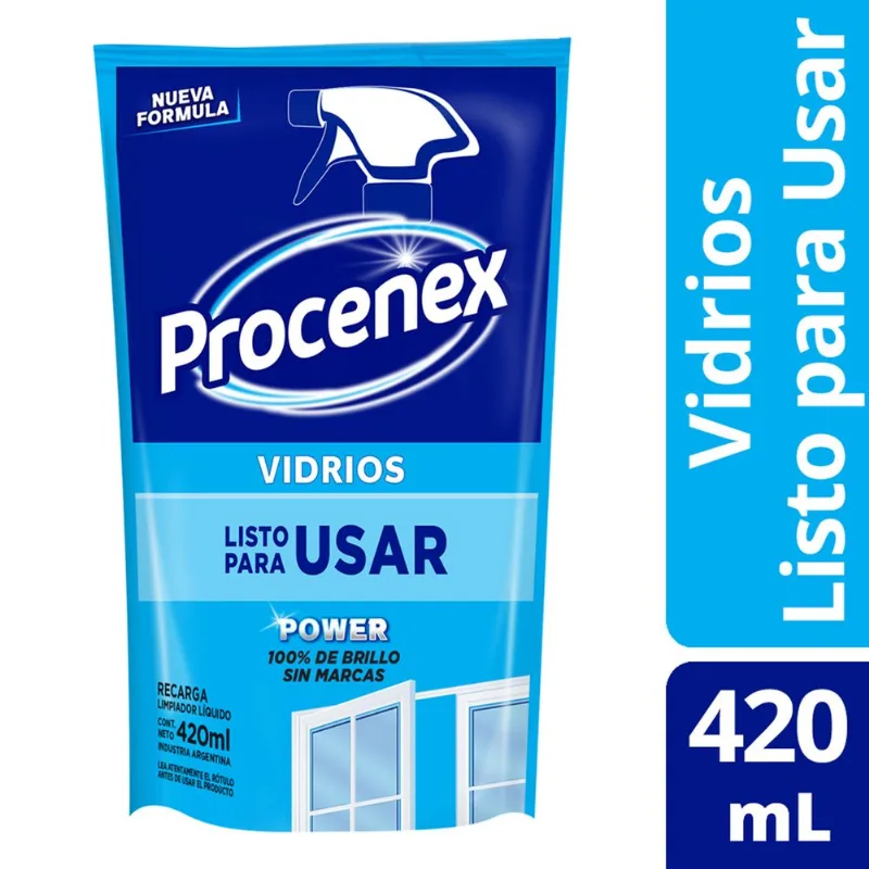 Limpiador líquido Procenex vidrios repuesto económico 420 ml.