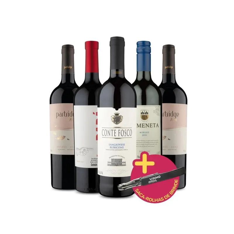 Kit 5 Vinhos Tintos + Saca Rolha