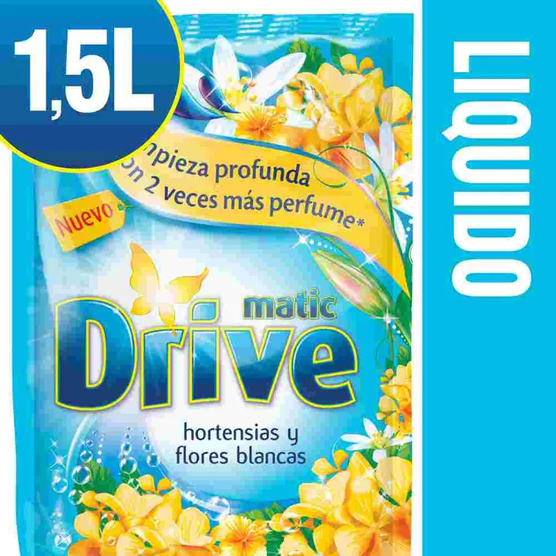 Drive Jabon Para Ropa Liquido Baja Espuma Doypack Hortensias 1,5lt Drive Jabón Para Ropa Líquido Baja Espuma Doy Packack Hortencias Y Flores Bco 1,5 L